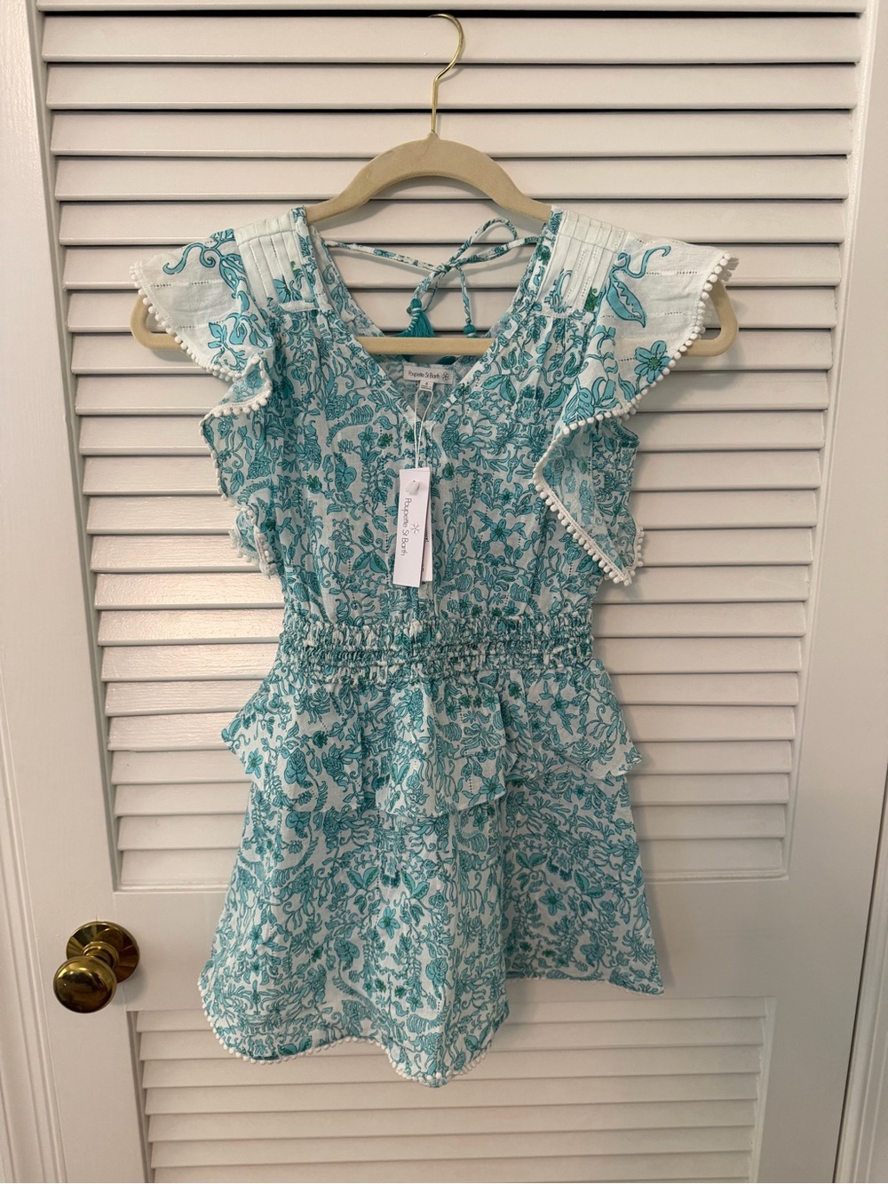 Poupette St. Barth Girls' Teal and White Floral Ruffle Dress